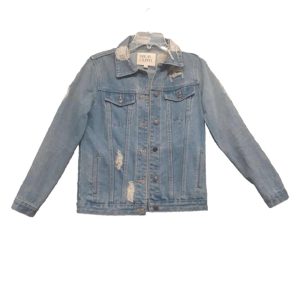 Thread & Supply Women Sz S Denim Jean Ripped Distressed Jacket Light Wash Blue